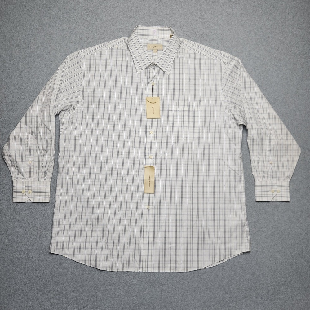Tommy Bahama Shirt XL 17.5‎ 32-33 Grey Plaid Long Sleeve Button Down Casual